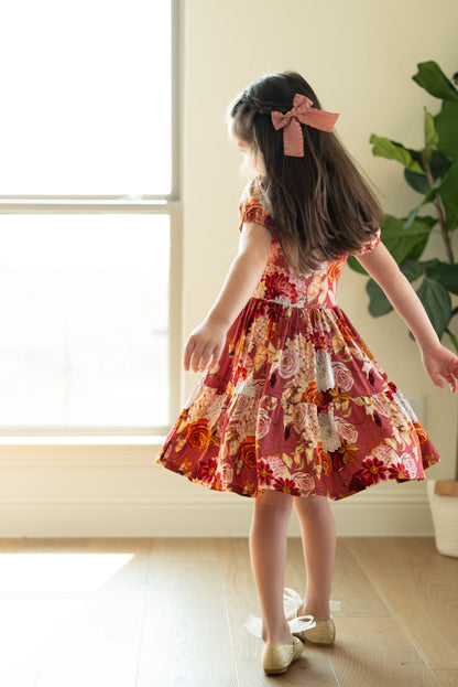 Autumn Fairy Blooms Puff Sleeve Twirl Dress