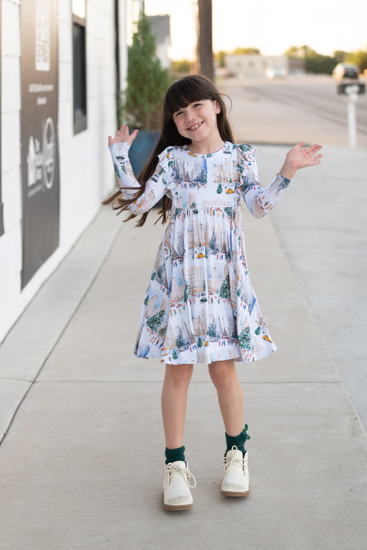 City Sidewalks Long Sleeve Twirl Dress PRE ORDER